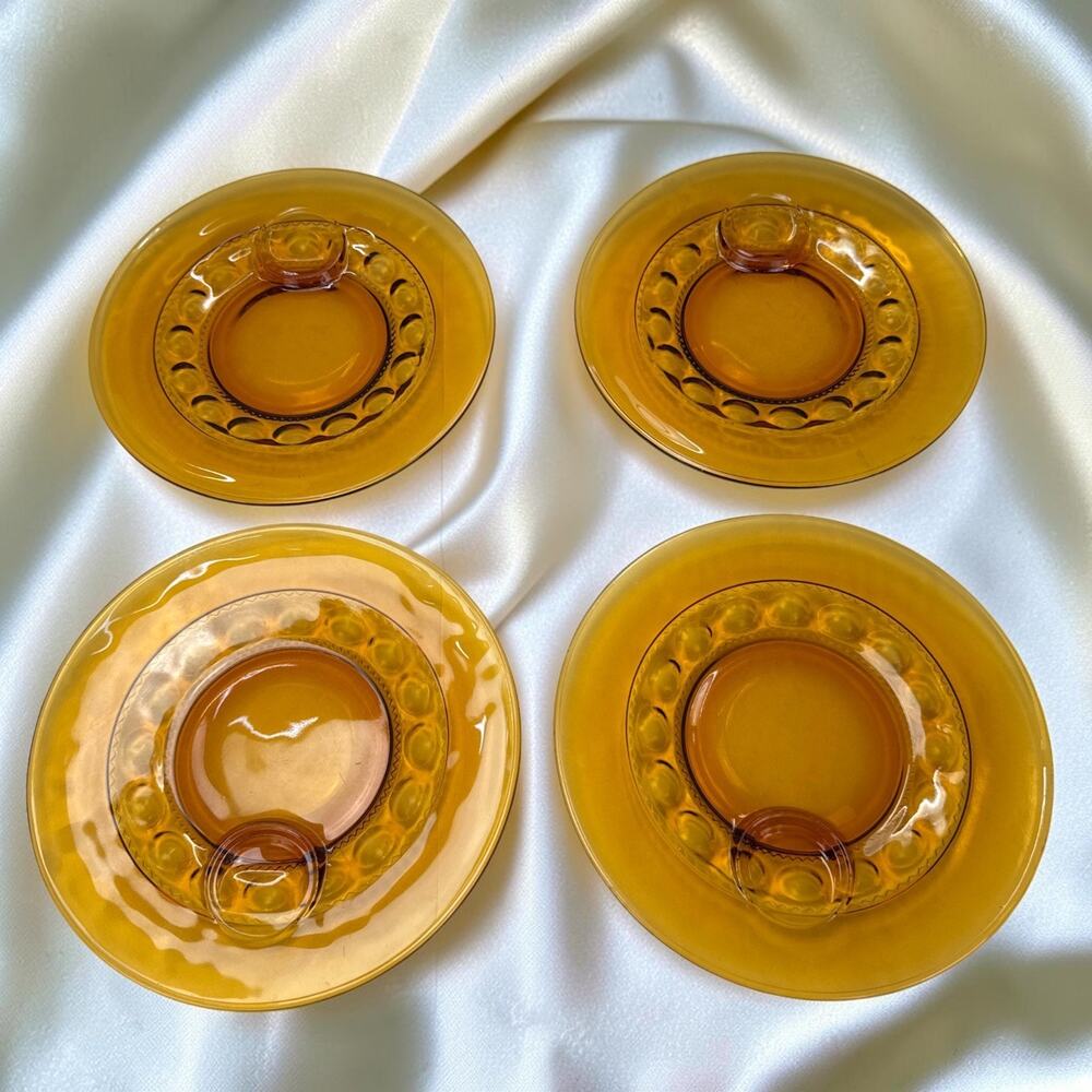 Vtg Amber Glass Snack Plates Cup Indent Set 4 Thumbprint Arch MCM Retro